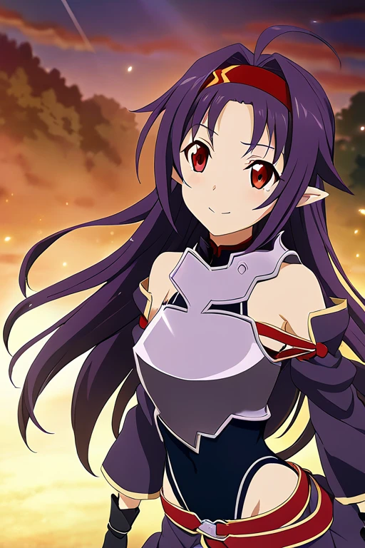 Yukibase, Purple Hair, Long Hair, Ahoge, Red eyes, Pointed Ears, hair band, armor, breastplate, Removable sleeves, leotard, Purple Skirt, Exposing shoulders, gloves, One girl, Solo Break Magical Forest, Speckled sunlight, sunset, Depth of written boundary, Cinematic, Game CG, Anime screenshots, Official Art, masterpiece, highest quality
