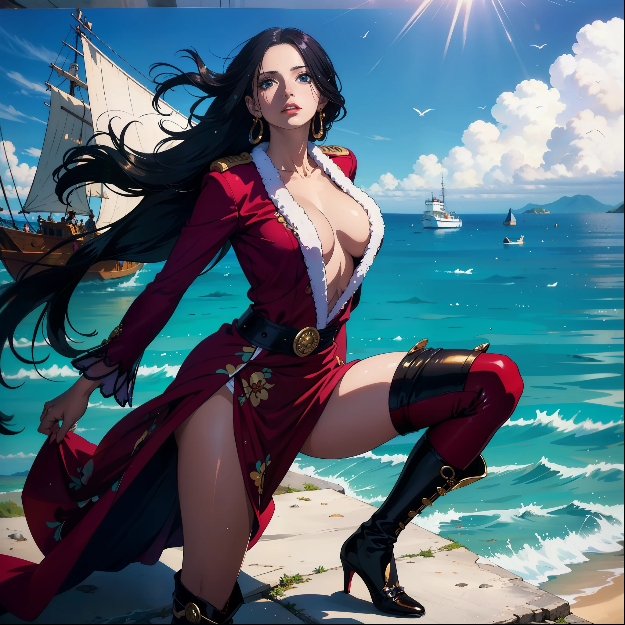 melhor qualidade, Girl long hair dress long breasts long cape red medium belt black bright red eyes, cabelo preto, colar, pose fofa, black collar high black pants, angry expression, pose de lado, batom vermelho na boca, dentro de um navio, em alto mar, mar atras, Olhos vermelhos, cabelo curto pretos, olhos vermelhos brilhantes, pirata, navio de pirata, Pose para cartaz, com uma katana, segurando um livro, arqueologa colar, bracelete, usando oculos de arqueologa, boa hancok Cobra amarela pose sexy bonita e elegante sentada em uma poltrona