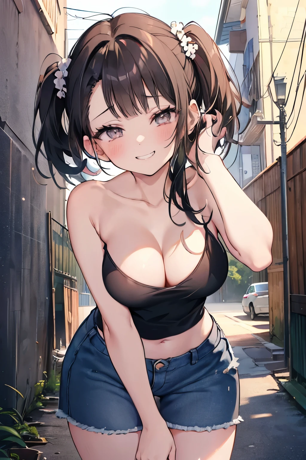 (8K、Highest quality、highest quality、masterpiece)、Detailed face、One girl、 Black Hair、short hair、twintails、blunt bangs、Grey Eyes、evil smile、((Grin))、Small breasts、((camisole))、((denim skirt))、Cowboy Shot、((bent over))、Back Alley Background、Very large breasts、Blushing、in trouble