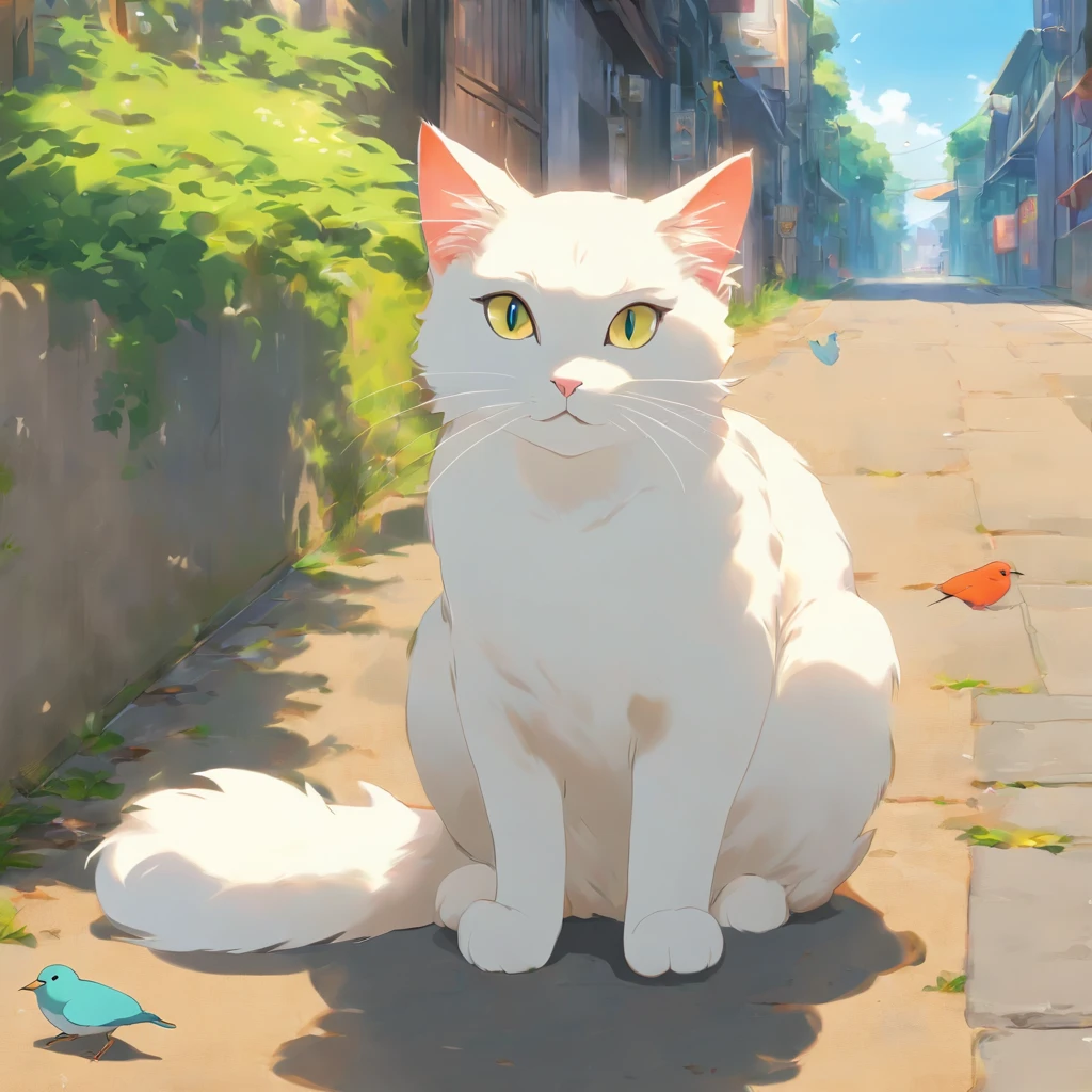 White cat sitting on the pavement、Watching birds