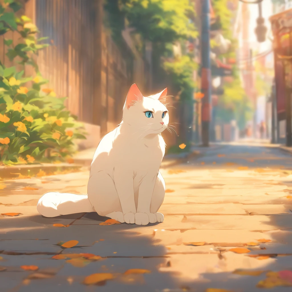 White cat sitting on the pavement、Watching birds