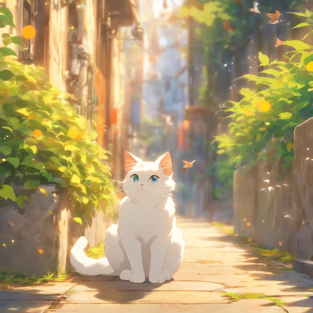 White cat sitting on the pavement、Watching birds