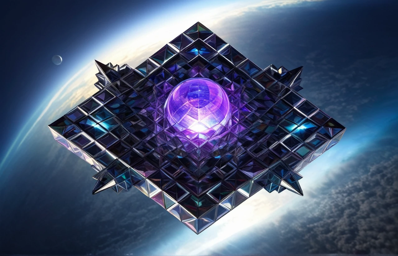 best quality, super fine, 16k, RAW photo, photorealistic, incredibly absurdres, extremely detailed, tower made of many giant geometrically shaped blocks stacked on top of each other, translucent iridescent sphere that shines in the center, fantasy world image, fantastic and mysterious