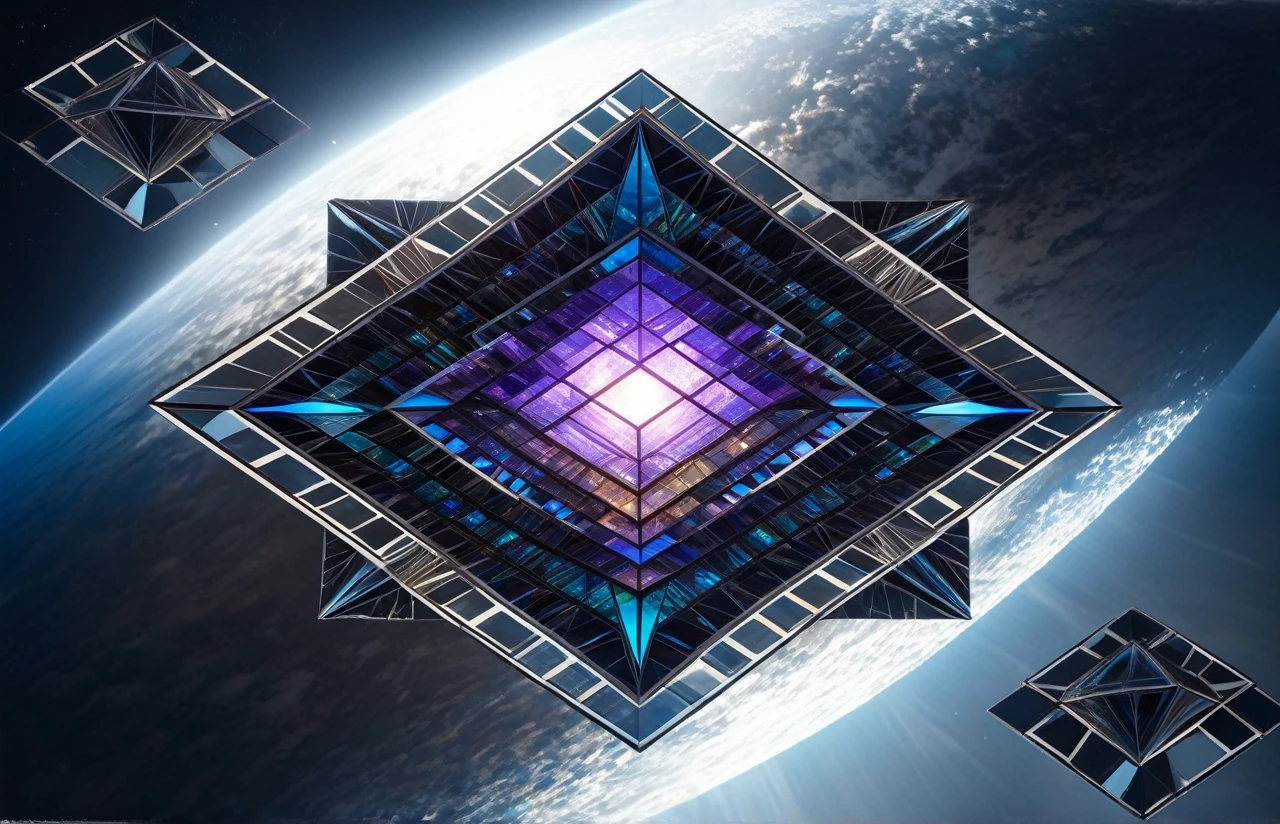 best quality, super fine, 16k, RAW photo, photorealistic, incredibly absurdres, extremely detailed, tower made of many giant geometrically shaped blocks stacked on top of each other, translucent iridescent sphere that shines in the center, fantasy world image, fantastic and mysterious