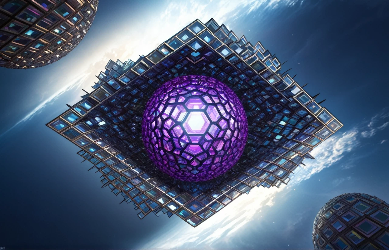 best quality, super fine, 16k, RAW photo, photorealistic, incredibly absurdres, extremely detailed, tower made of many giant geometrically shaped blocks stacked on top of each other, translucent iridescent sphere that shines in the center, fantasy world image, fantastic and mysterious