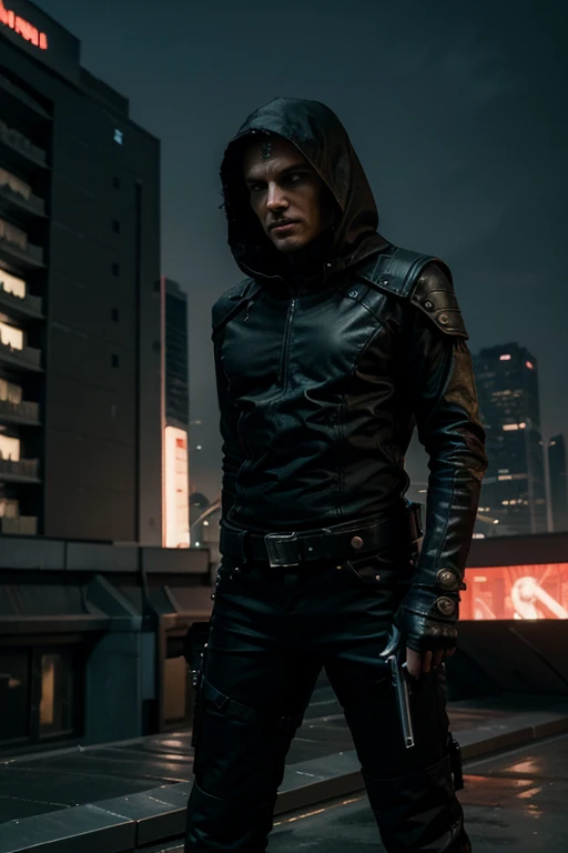 (((Best quality))) Killer in futuristic time, lands from the roof onto the bandit, in a futuristic world, In the evening, the killer uses short bladed weapons and is dressed in black clothing