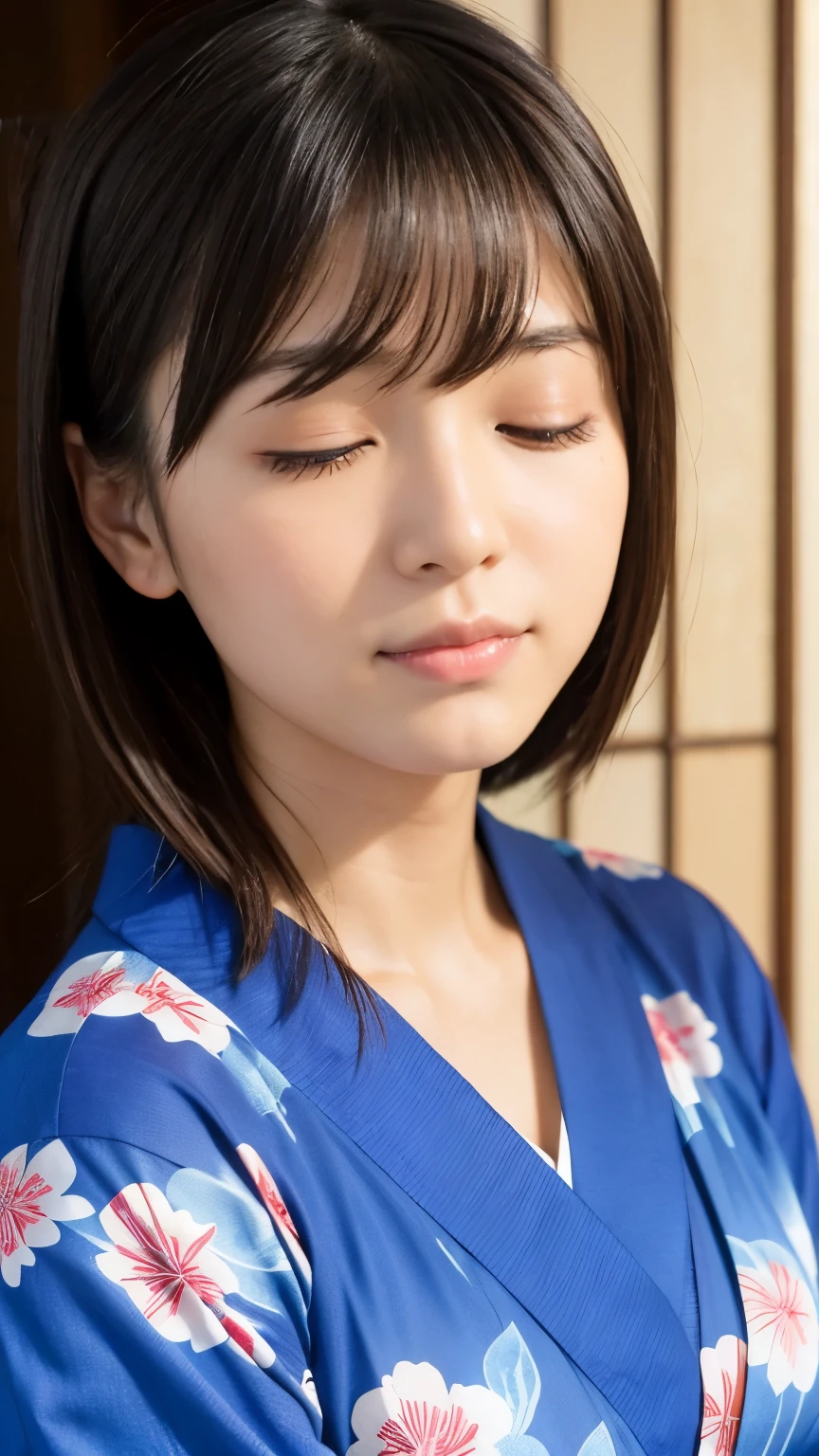 Japanese、27 years old、older sister、A randomly generated person with diverse facial features hairstyle、Perfect Anatomy,indoor、Japanese-style room、yukata、(Close your eyes、Close ~ eyes、Closing the eyelids)、Background Blur、For viewers、Front facing、Face up