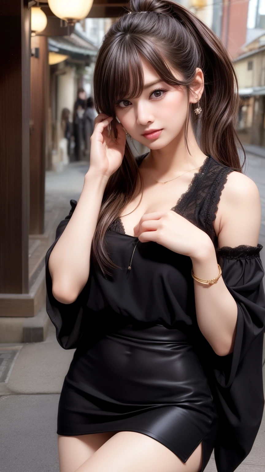 highest quality、Natural Lip、Fair skin、Great light、Beautiful lighting、((Straight hair))、Parted bangs、((ponytail))、((Black Hair))、Blunt bangs、Big cleavage、I can see her cleavage、Lace tube top、mini skirt、Gorgeous Accessories、Please lend me a hand、Kyoto、Old townscape of Japan、Crowds in the city