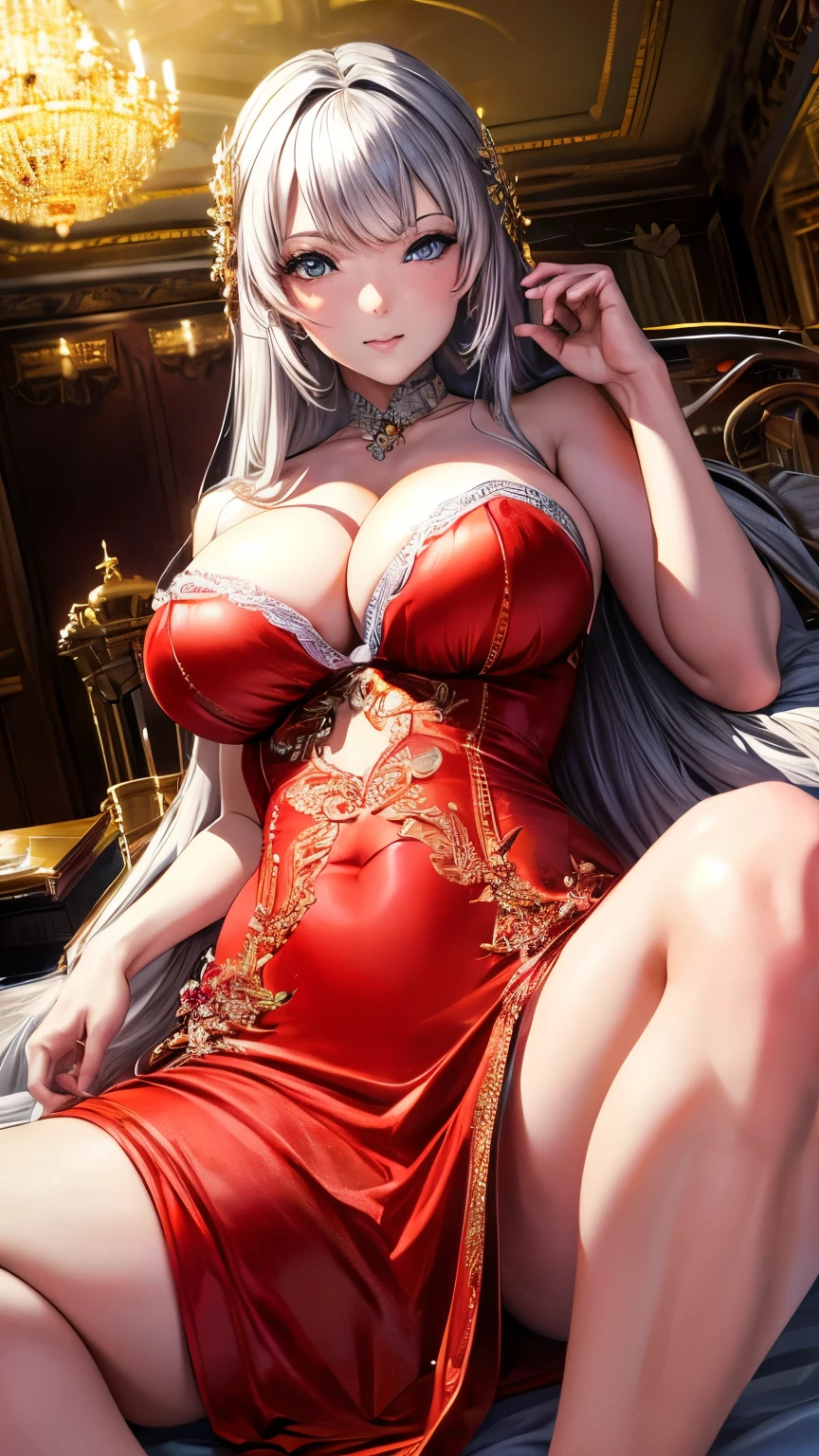 (masterpiece, highest quality, Super detailed, High resolution, figure:0.8), Highly detailed wallpaper, Official Art, wonderful, High detail, Super detailed, Highly detailed 8k wallpaper,Closed whole body, (((Burstingly Big Breasts)))、Bright silver hair, Red eyes with elongated pupils, (A luxurious palace: 1.3), (One girl, alone),(Gorgeous bright red dress),sexy,Perfect Anatomy,Beautiful Face, Provocative, 