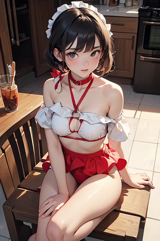 ((Masterpiece)), ((Best quality)), (perfect face), Young, nubile girl, obedient expression, hands behind back, wearing off shoulder 1 piece swimsuit, wearing open back 1 piece swimsuit, wearing ruffle 1 piece swimsuit, wearing red and white swimsuit, wearing collar and leash, leashed to a chair, kneeling at a man's feet, in a kitchen