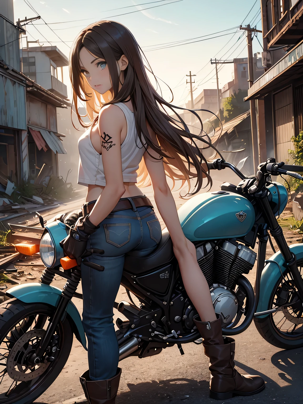 masterpiece, best quality,1girl,(watercolor painting):1.2,pencil sketch,BREAK,18 years old, (jitome), delicious flat chest, (cyan eyes):1.2, long hair, strait hair,blond hair,empty_eyes,BREAK(red_rune_forehead_tattoo):1.8,BREAK White tank top,denim shorts, fingerless gloves, Work boots,Hip Hop, Punk Look, Chain, darkbrown leather jacket,Expressionless,small smile,BREAKA photorealistic image of a young girl, Eliana, about 18 years old, riding her vintage 1970s-style black motorcycle through the ruins of an abandoned city at dusk. The scene captures her in a cowboy shot, riding intently through the decaying urban landscape. The ruins are filled with crumbled buildings, overgrown vegetation, and scattered debris, providing a stark contrast to the magical glow emanating from her motorcycle. Eliana is in side profile, focused on her path, her long ブルネット hair flowing behind her. The background conveys a sense of desolation and mystery, enhancing the post-apocalyptic fantasy setting.BREAKmasterpiece, best quality, ultra detailed, highres,4k,(ultra-detailed:1.4), newest,BREAKduch angle,cowboy shot,