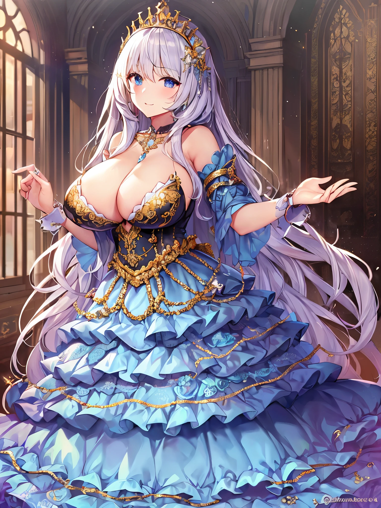 ((moe anime artstyle)),((Masterpiece)),(Best Quality),((Super Detail)),((Very Delicate and Beautiful)),((Solo)),full body,((full body portrait)),(((1 bling-bling Queen in beautiful embroidery and jeweled gorgeous rococo ballgown with voluminous full length crinoline hoop skirt))),(((((absurdly gigantic tits))))),(((deep cleavage))),Skindentation,(detailed face and eyes),jewel-like eyes,((crinoline,long train,beautiful embroidery and lace)),super detailed voluminous gorgeous rococo ballgown with voluminous full length crinoline hoop skirt,((bling-bling voluminous gorgeous rococo princess ballgown with beautiful embroidery and jeweled)),((Very Long Straight Hair,large amount of straight hair, absurdly long Straight hair)),extremely gorgeousfull hair ornament,((extremely gorgeous big tiara)),luxurious jewelry,((beautiful embroidery and jeweled gorgeous rococo ballgown with voluminous full length crinoline hoop skirt)),full body,(fantasy castle,throne room)