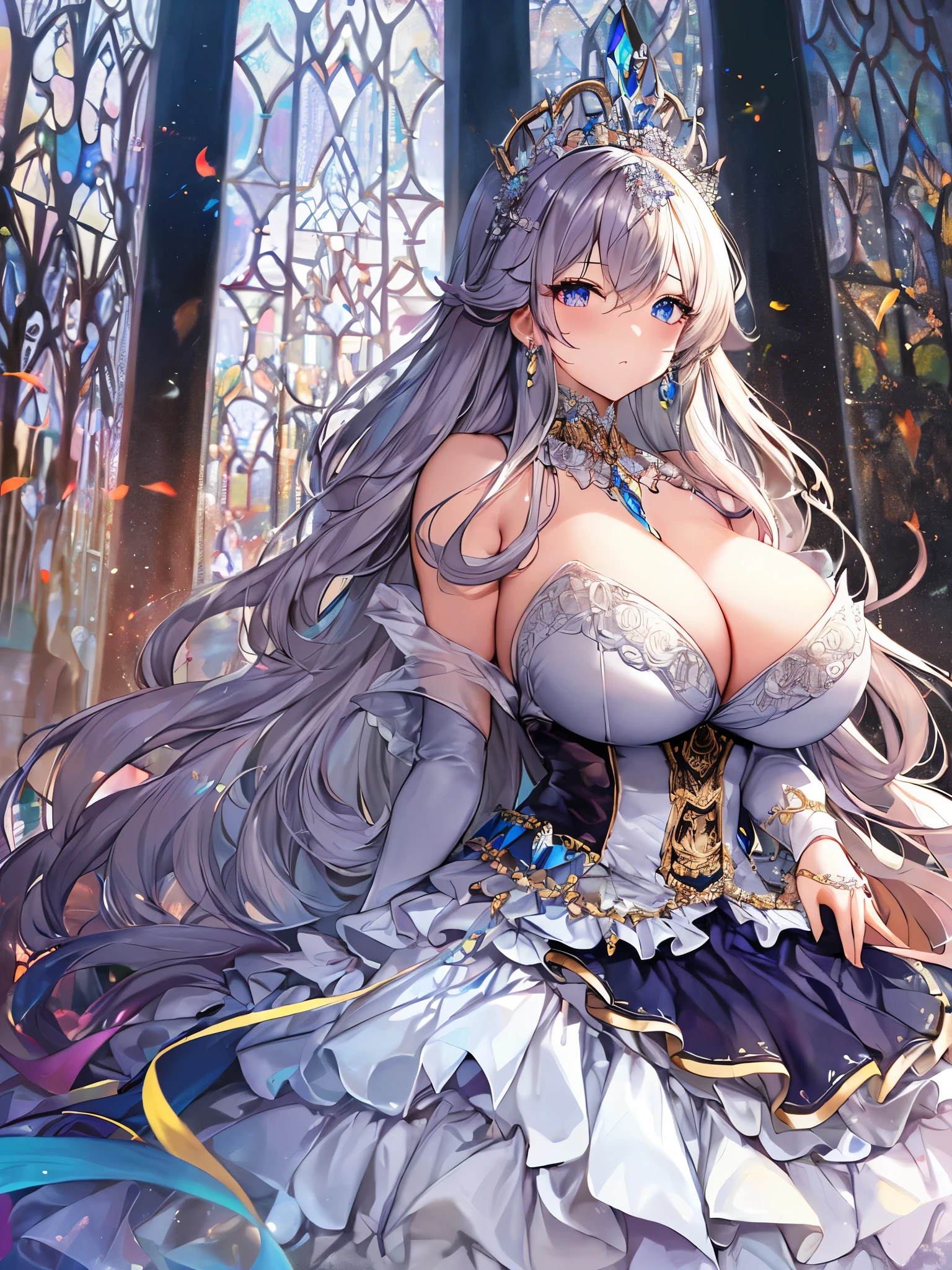 ((moe anime artstyle)),((Masterpiece)),(Best Quality),((Super Detail)),((Very Delicate and Beautiful)),((Solo)),full body,((full body portrait)),(((1 bling-bling Queen in beautiful embroidery and jeweled gorgeous rococo ballgown with voluminous full length crinoline hoop skirt))),(((((absurdly gigantic tits))))),(((deep cleavage))),Skindentation,(detailed face and eyes),jewel-like eyes,((crinoline,long train,beautiful embroidery and lace)),super detailed voluminous gorgeous rococo ballgown with voluminous full length crinoline hoop skirt,((bling-bling voluminous gorgeous rococo princess ballgown with beautiful embroidery and jeweled)),((Very Long Straight Hair,large amount of straight hair, absurdly long Straight hair)),extremely gorgeousfull hair ornament,((extremely gorgeous big tiara)),luxurious jewelry,((beautiful embroidery and jeweled gorgeous rococo ballgown with voluminous full length crinoline hoop skirt)),full body,(fantasy castle,throne room)