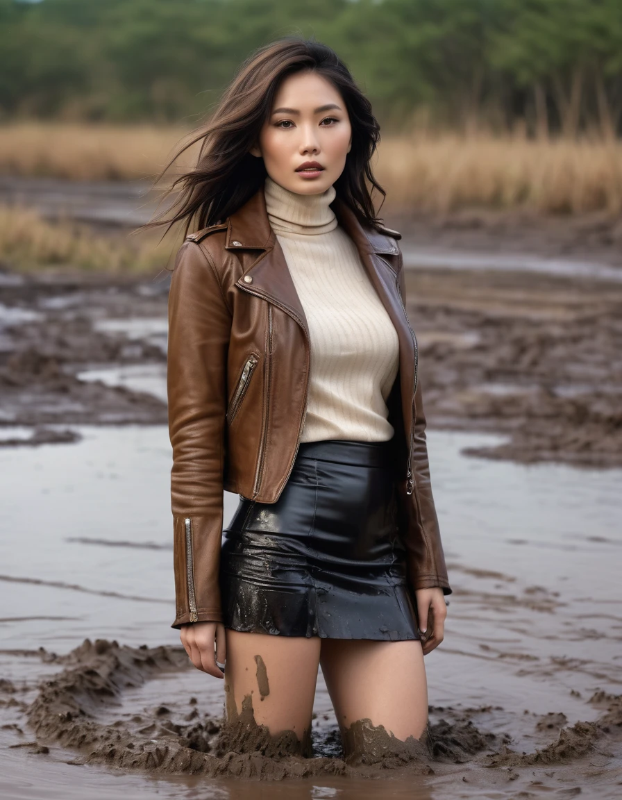 8k, ultra-detailed, grainy film photo, masterpiece, physical-based rendering, ultra-detailed, side view:1.0, vivid, muffled colors, muted light:1.2, intensive dry-humping movements:1.4, stockings, stylish detailed pencil mini-skirt, messy leather biker jacket, turtleneck sweater:1.2, mature depraved woman drowning in mud swamp, long messy brunette hair, asian, beige, brown, creating a wave of dirt around you