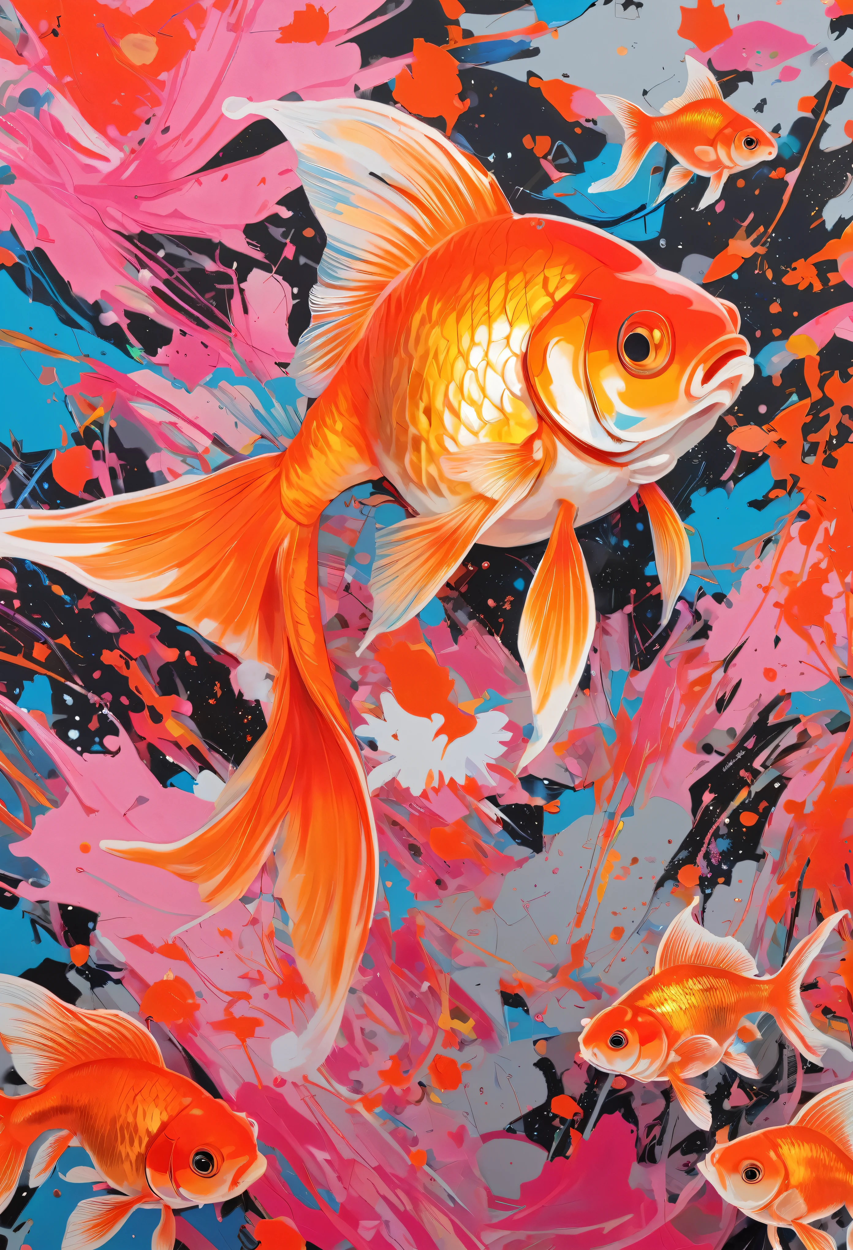Graffiti, scribble, Comics by Petra Cortright, best quality, masterpiece, goldfish artwork, Representative work, official art, Professional, Ultra intricate detailed, 8k, goldfish art, colourful background