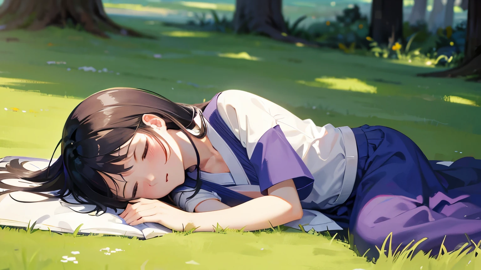 starry skies　Beautiful girl sleeping on the grass　Japanese anime style