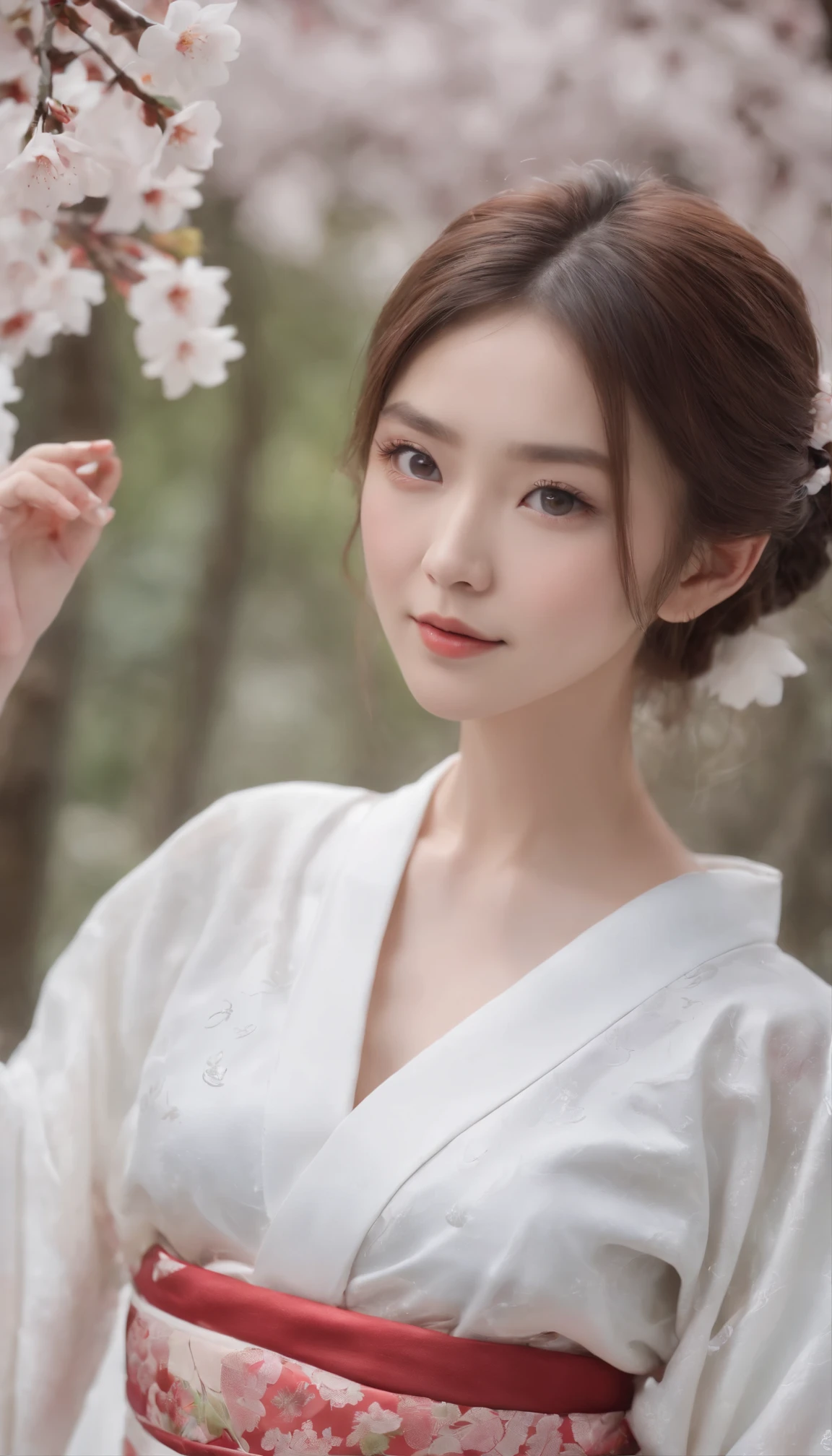 masterpiece、Top quality、16K UHD、 A Japanese-style room decorated with cherry blossoms and lanterns、one person、Enchanting、Provocative Gaze、Blushing、Open Mouth Smile、Flowing kimono、Brown hair cascading down her back、Blue eyes sparkling with admiration、Her long hair flows gently behind her、Detailed facial features、Photorealistic images、((Very detailed))、(Fully detailed face)、 (Very detailedな手)、white)A high school girl wearing a floral kimono