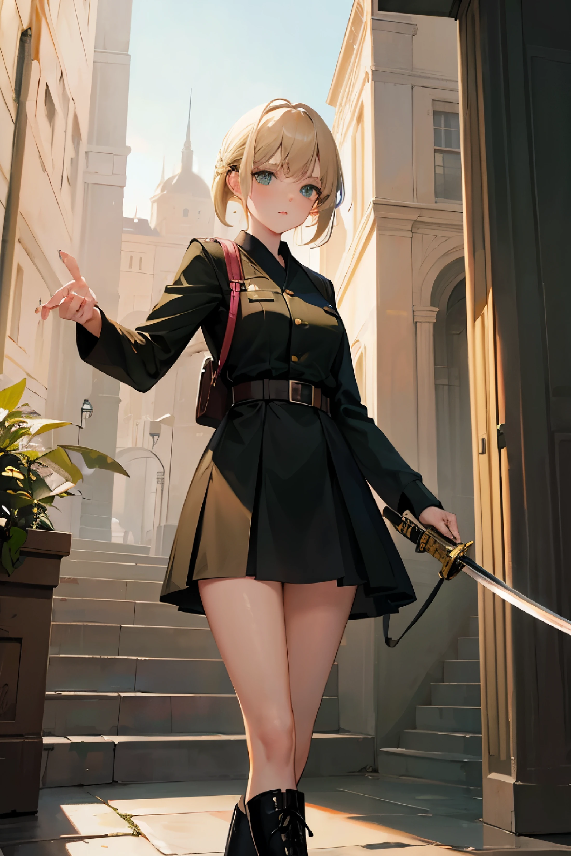 Light blonde hair green eyes pink lips black dress and military boots on her feet with a katana in her hand 