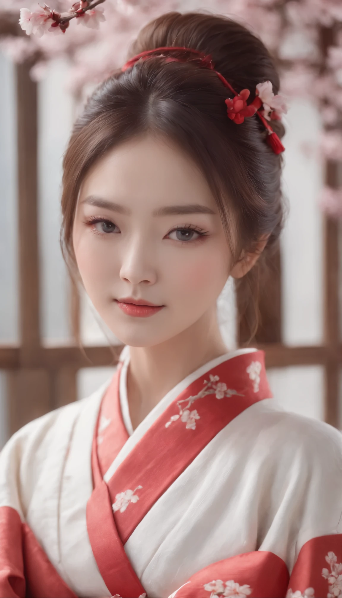 masterpiece、Top quality、16K UHD、 A Japanese-style room decorated with cherry blossoms and lanterns、one person、Enchanting、Provocative Gaze、Blushing、Open Mouth Smile、Flowing kimono、Brown hair cascading down her back、Blue eyes sparkling with admiration、Her long hair flows gently behind her、Detailed facial features、Photorealistic images、((Very detailed))、(Fully detailed face)、 (Very detailedな手)、Wearing a red kimono(Zuo々Nozomi)Beautiful woman with a pretty face