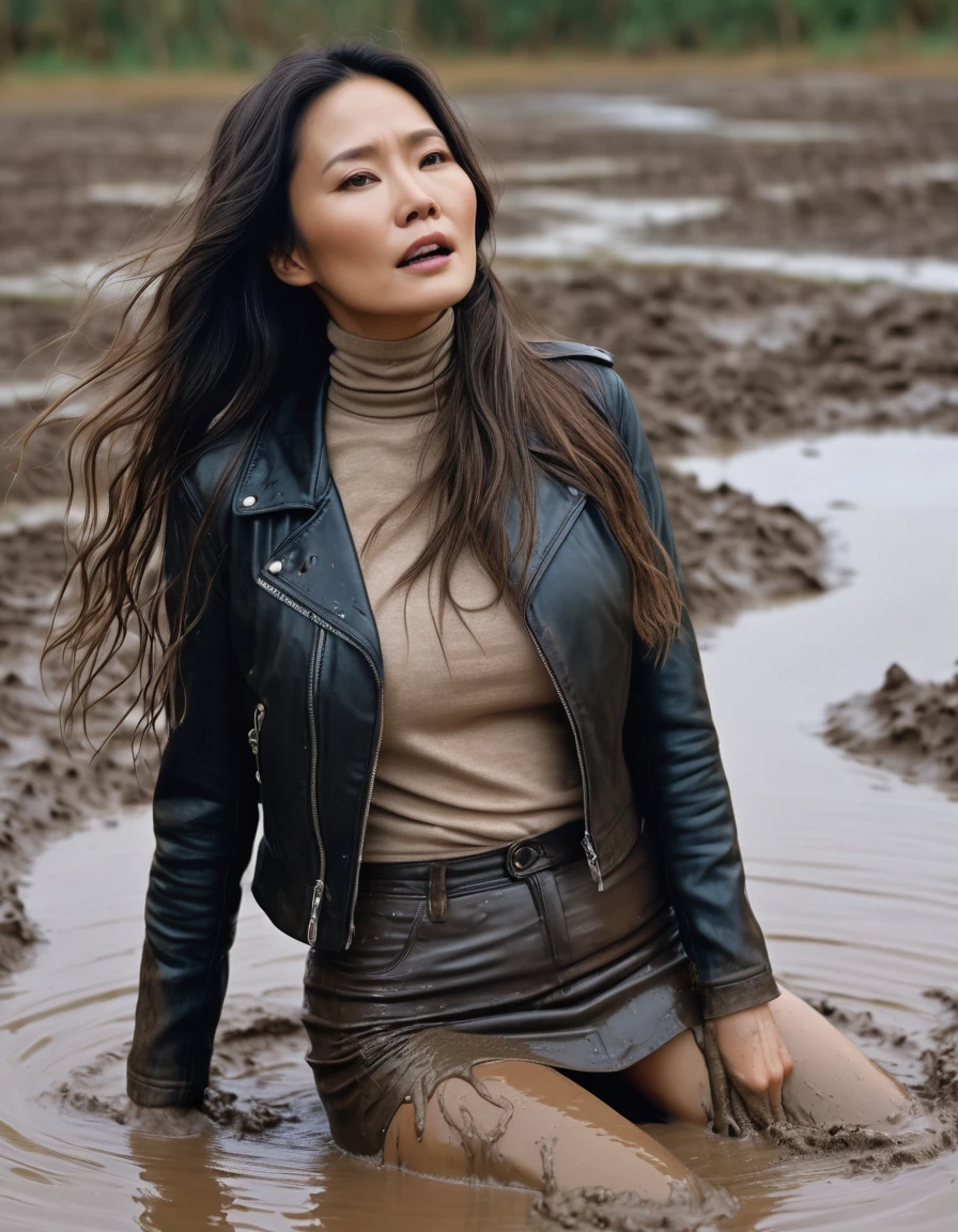 8k, ultra-detailed, grainy film photo, masterpiece, physical-based rendering, ultra-detailed, side view:1.0, vivid, muffled colors, muted light:1.2, intensive dry-humping movements:1.4, stockings, mini-skirt, faded leather biker jacket, turtleneck sweater:1.2, mature depraved woman drowning in mud swamp, long messy brunette hair, asian, beige, brown, creating a wave of dirt around you