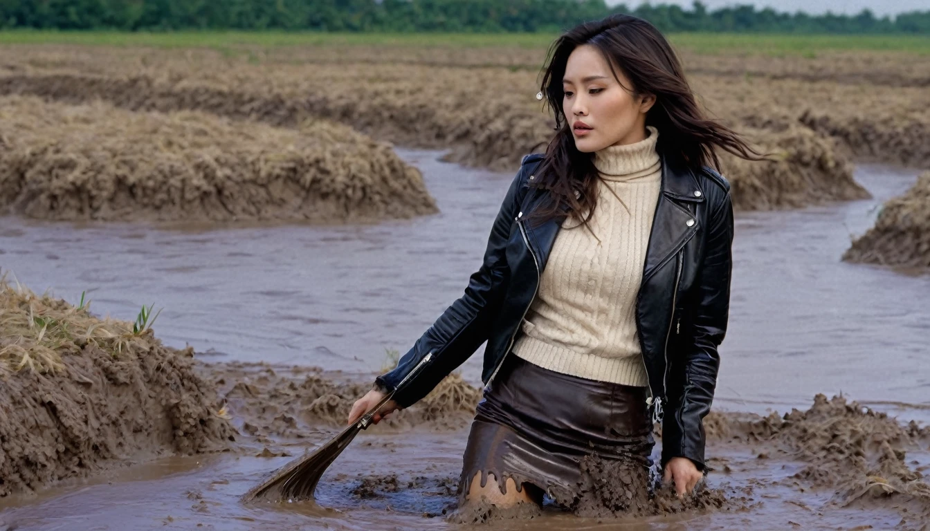 8k, ultra-detailed, grainy film photo, masterpiece, physical-based rendering, ultra-detailed, side view:1.0, vivid, muffled colors, muted light:1.2, dry-humping movements:1.4, stockings, stylish detailed pencil mini-skirt, messy leather biker jacket, turtleneck sweater:1.2, mature depraved woman drowning in mud swamp, long messy brunette hair, asian, beige, brown, creating a wave of dirt around you