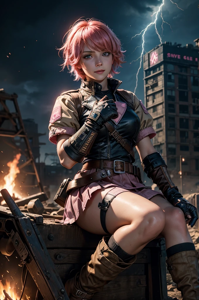  1girl,cowboy shot, beautiful nora_valkyrie, looking at viewer, smile, short hair, blue eyes, heart cutout, gloves,  jacket, pink skirt, pink belt, short sleeves, puffy sleeves, single armband, fingerless gloves, short hair, orange hair, pink gloves, dynamic pose, night, lightning, sitting on old bridge, river, post-apocalypse, dystopian future, crowd, (crowd in military uniforms), bonfires, (volumetric lighting), best quality, masterpiece, intricate details, tonemapping, sharp focus, hyper detailed, trending on Artstation,