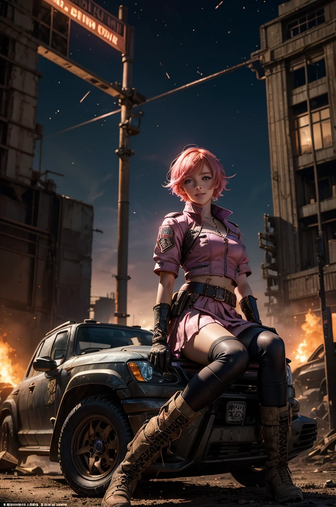1girl,cowboy shot, beautiful nora_valkyrie, looking at viewer, smile, short hair, blue eyes, heart cutout, gloves, jacket, pink skirt, pink belt, short sleeves, puffy sleeves, single armband, fingerless gloves, short hair, orange hair, pink gloves, dynamic pose, night, lightning, sitting on old bridge, river, post-apocalypse, dystopian future, crowd, (crowd in military uniforms), bonfires, (volumetric lighting), best quality, masterpiece, intricate details, tonemapping, sharp focus, hyper detailed, trending on Artstation,