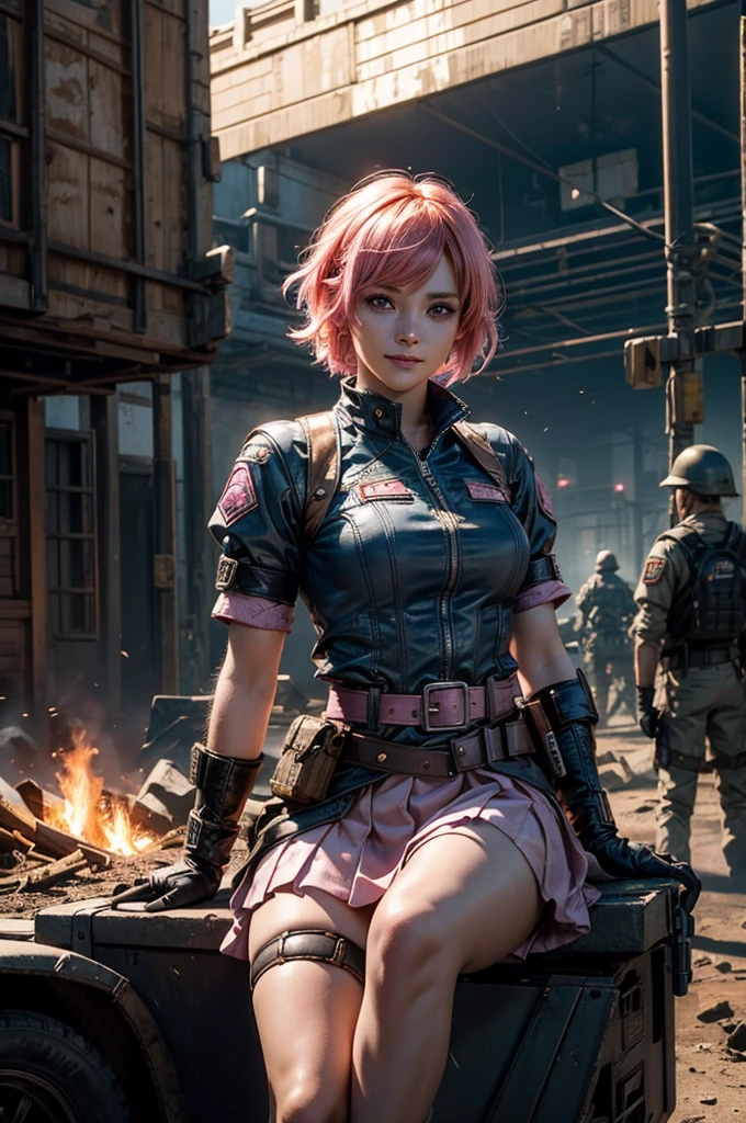  1girl,cowboy shot, beautiful nora_valkyrie, looking at viewer, smile, short hair, blue eyes, heart cutout, gloves,  jacket, pink skirt, pink belt, short sleeves, puffy sleeves, single armband, fingerless gloves, short hair, orange hair, pink gloves, dynamic pose, night, lightning, sitting on old bridge, river, post-apocalypse, dystopian future, crowd, (crowd in military uniforms), bonfires, (volumetric lighting), best quality, masterpiece, intricate details, tonemapping, sharp focus, hyper detailed, trending on Artstation,