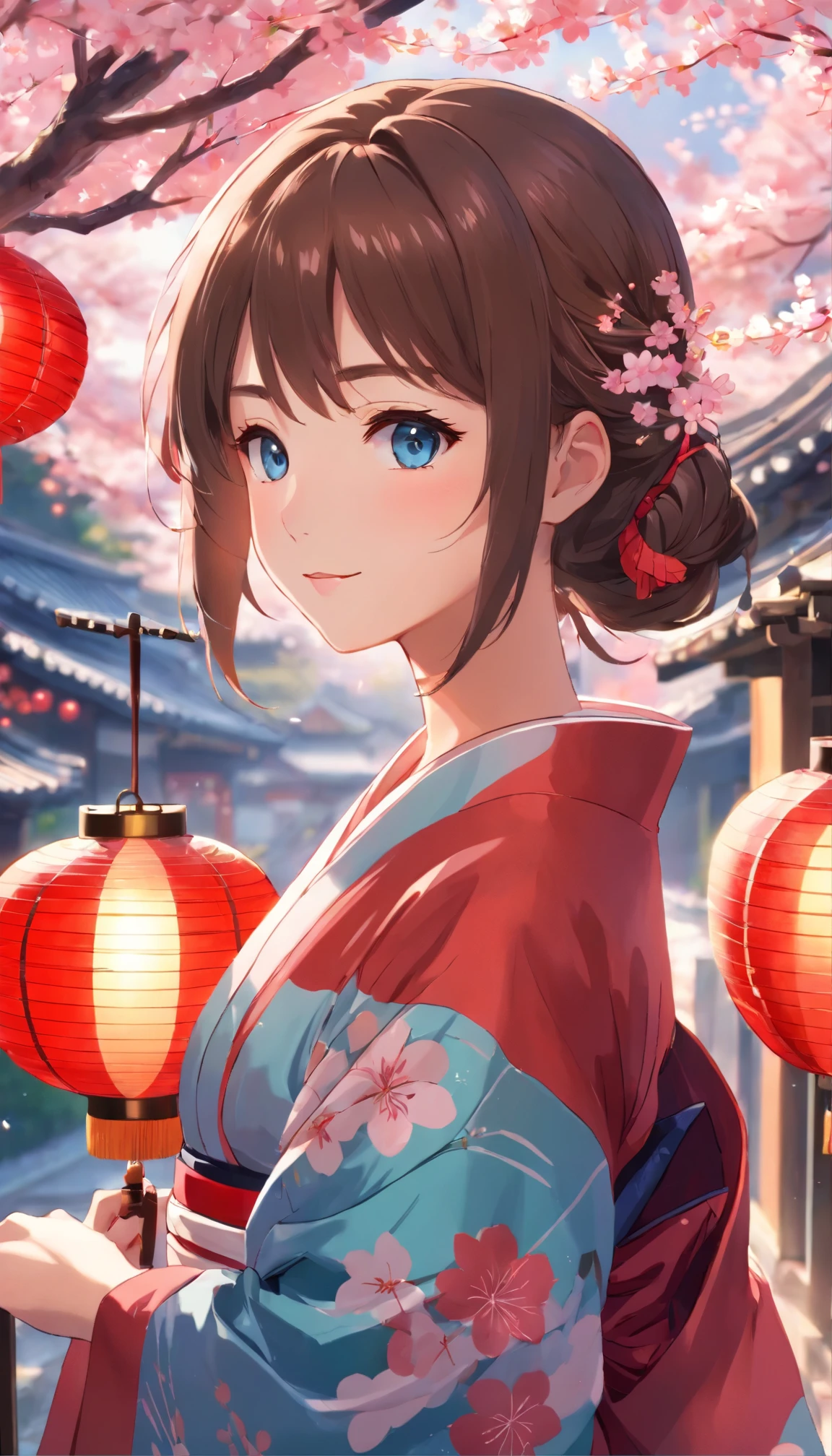 masterpiece、Top quality、16K UHD、 A Japanese-style room decorated with cherry blossoms and lanterns、one person、Enchanting、Provocative Gaze、Blushing、Open Mouth Smile、Flowing kimono、Brown hair cascading down her back、Blue eyes sparkling with admiration、Her long hair flows gently behind her、Detailed facial features、Photorealistic images、((Very detailed))、(Fully detailed face)、 (Very detailedな手)、Wearing a red kimono(Zuo々Nozomi)Beautiful woman with a pretty face