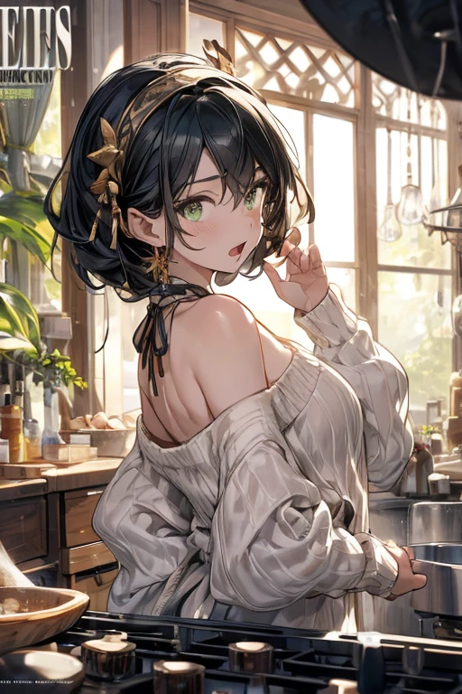 (small breasts:1.3), (perky chest:1.1), (pointed chest:1.0), (fashion magazine cover:1.3),(from below:1.0),(from side:0.9),masterpiece, 1girl, Amazing Cleavage:1.1, thin waist, big ass, Raised sexy, small breast: 1.3, posed cleavage:1.2、solo, looking at viewer, open mouth, have a cute grass of cute beergrass,black hair, dark green eyes, dress, bare shoulders, jewelry, collarbone, sidelocks, hairband, earrings, indoors, off shoulder, :o, sweater, arms behind back, plant, short hair with long locks, gild hairband, off-shoulder dress, sweater dress, off-shoulder sweater, red sweater, dark gord hair, big side hair, very long side hair,is rendered in (masterpiece: 1.2, best quality), with (ultra high resolution) and an exquisite (depth of field). This masterpiece is not only visually stunning but also tells,A scene of cooking in the kitchen by classroom
