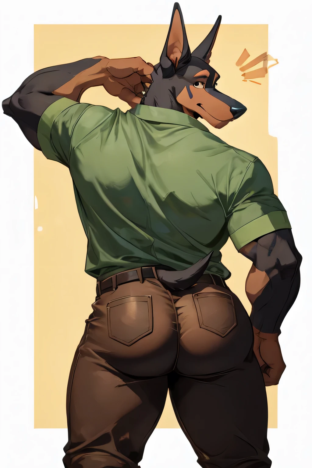 male anthro doberman, dat ass, big butt, looking at viewer, rear view, green shirt, brown pants, brown body,