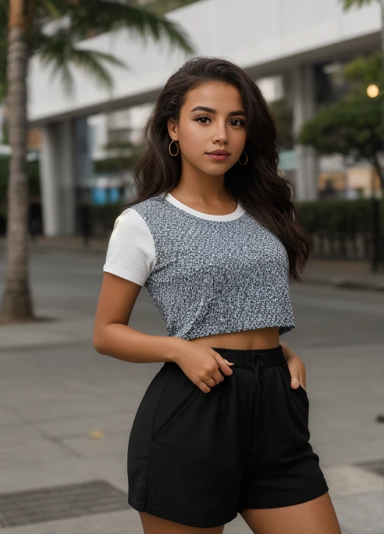 A photorealistic portrait of a 21-year-old colombian girl with long, playing football in the city . She should have a natural, approachable expression and be illuminated by soft, golden-hour sunlight. The background should be a scenic outdoor setting, perhaps a sunlit park or beach. Capture this image with a high-resolution photograph using an 85mm lens for a flattering perspective.