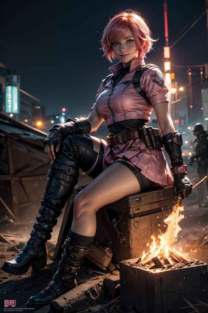  1girl,cowboy shot, beautiful nora_valkyrie, looking at viewer, smile, short hair, blue eyes, heart cutout, gloves,  jacket, pink skirt, pink belt, short sleeves, puffy sleeves, single armband, fingerless gloves, short hair, orange hair, pink gloves, dynamic pose, night, lightning, sitting on old bridge, river, post-apocalypse, dystopian future, crowd, (crowd in military uniforms), bonfires, (volumetric lighting), best quality, masterpiece, intricate details, tonemapping, sharp focus, hyper detailed, trending on Artstation,