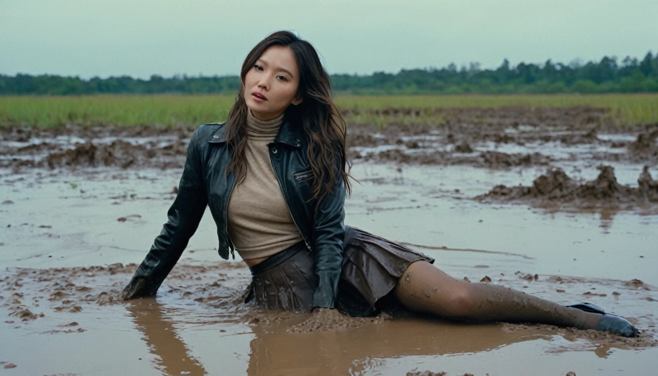 8k, ultra-detailed, grainy film photo, masterpiece, physical-based rendering, ultra-detailed, side view:1.0, vivid, muffled colors, muted light:1.2, dry-humping movements:1.4, stockings, stylish detailed pencil skirt, messy leather jacket, turtleneck sweater:1.2, depraved woman drowning in mud swamp, long messy brunette hair, asian, beige, brown, creating a wave of dirt around you