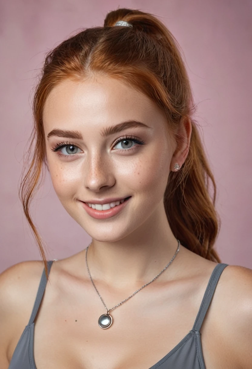 hyperrealistic beautiful busty 18-year-old teen girl with long legs wearing grey skinny swimsuit, model shooting full body photography, natural redhead with long ponytail, freckles, dark eye makeup with eyeliner, seductive smile, small necklace, 8K, Best quality, Meisterwerk, ultra high resolution, (Realismus: 1.4), Originalfoto, (realistische Hautstruktur: 1.3), (Filmkorn: 1.3), (Selfie-Winkel), 1 girl, Beautiful round hazel eyes and facial details, Meisterwerk, Best quality, studio photography
