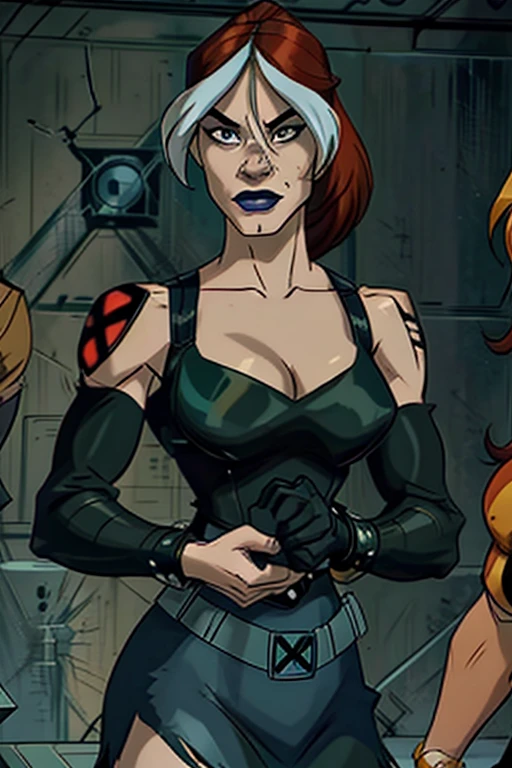 (X-Men evolution Rogue) (human face) (ponytail) (leather jacket) (corset) (military belts) (Warrior) (cocky smile) (tribal tattoos) (green and blue hair) (X-Men Rogue) (Star Trek Jadzia Dax) (2000 Ninja Turtles April) (Greek mythology Athena) (pirate woman) (Star Wars zabrak) (Star Trek trill) (pale skin) (face tattoos) (zabrac face tattoos) (goth) (bo-katan) (cleveg) (low cut top) (sexy) (Bra) Emma Rigby: Pirates of the Caribbean: Emilie de Ravin: Pirates of the Caribbean: corset: cleavage: teardrop boob: cocky smile;