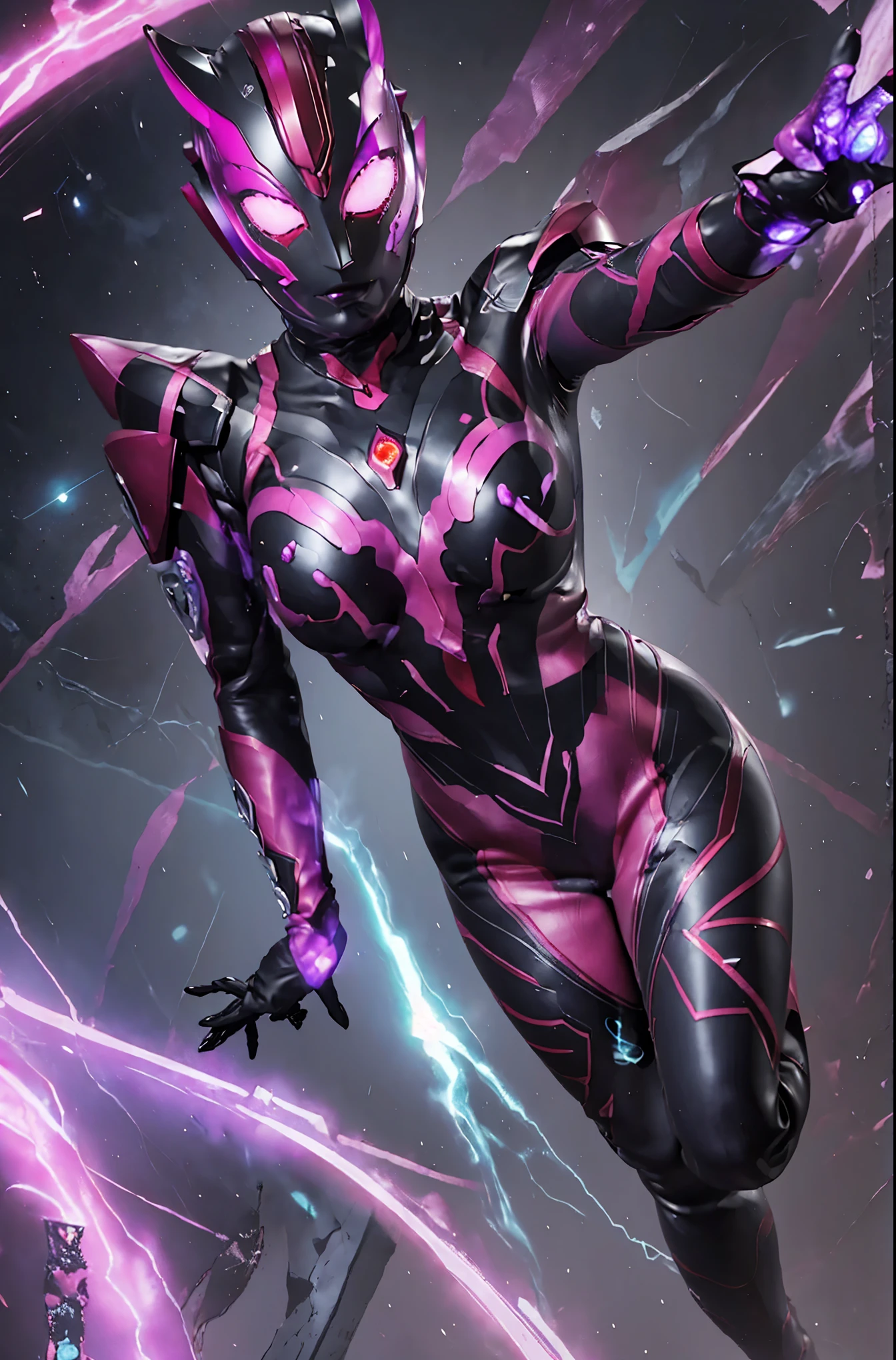 Ultraman Woman. （high quality）（luster）（(Black Face and red eyeline)）（Black and purple thema color）women only. The whole body is covered with a black bodysuit. Spike decoration. Pink lines all over the body. Heart tattoo . purple coloreye. pink glow crystal. pink sharp claw. Night background.