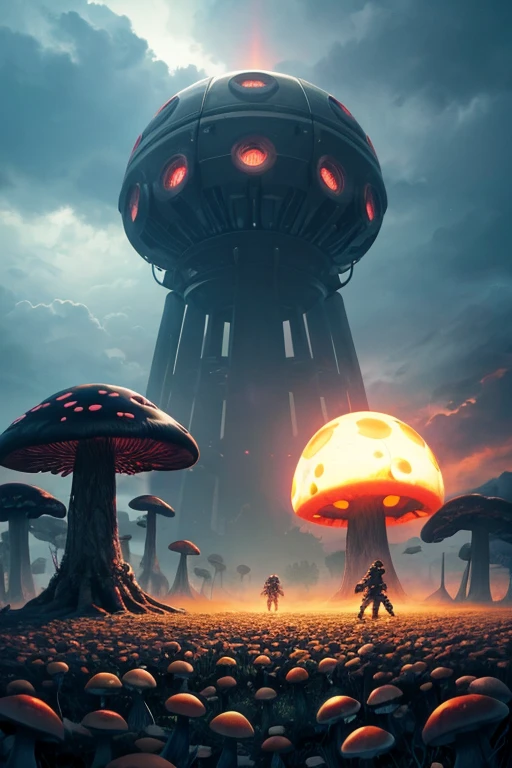 create a surreal fantasy image of a field with many skulls on the ground ,several robots similar to the Terminator , just ahead a huge atomic explosion and its great mushroom of smoke , alguns carros em chamas , black clouds in the sky and lots of rays , clima apocaliptico