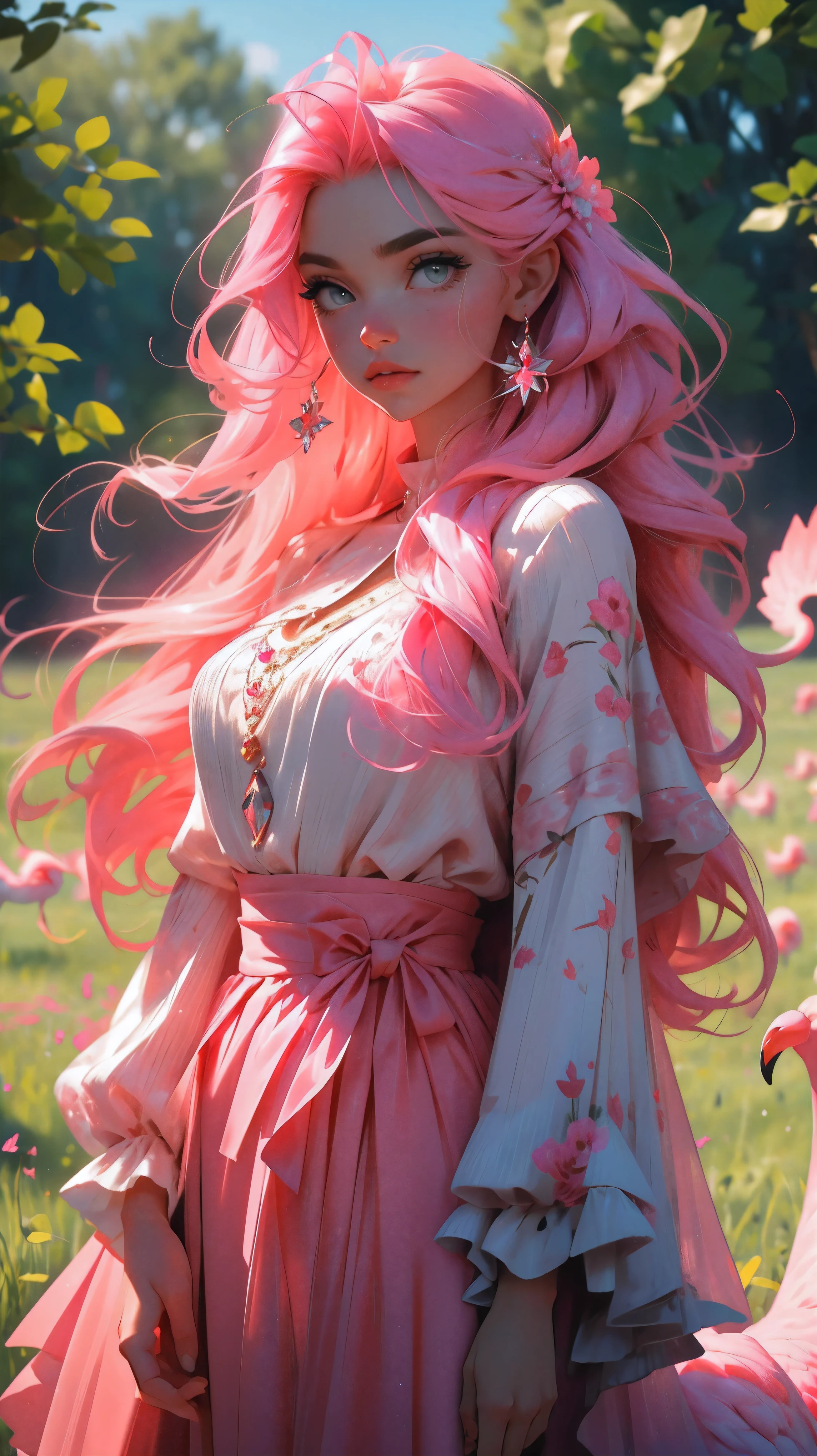a beautiful girl with long pink hair, a pink dress, standing in a field of pink flamingos, (best quality,4k,8k,highres,masterpiece:1.2),ultra-detailed,(realistic,photorealistic,photo-realistic:1.37),detailed eyes, detailed lips, extremely detailed face, longeyelashes,beautiful pink dress, flowing pink hair, pink flamingos, meadow, natural lighting, vibrant colors, fantasy, magical realism