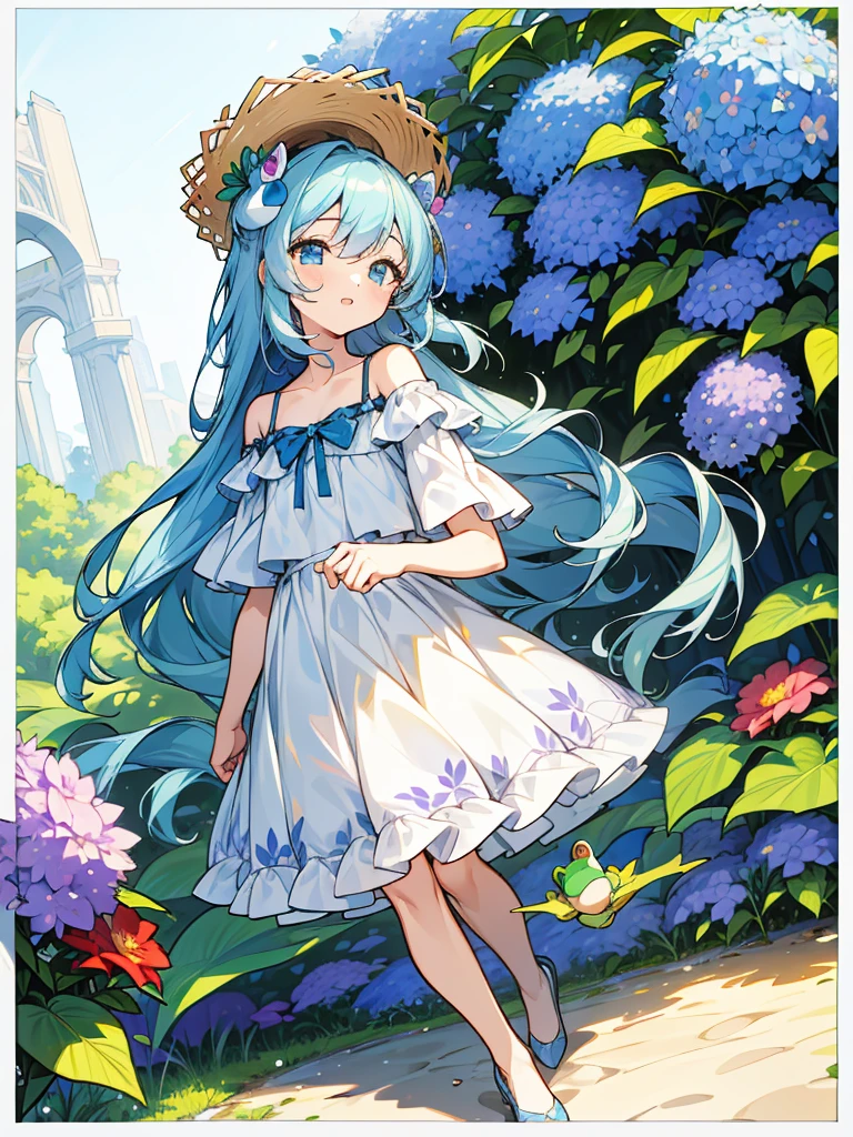 ((masterpiece, best quality, extremely detailed, absurdres)),, masterpiece, best quality, extremely detailed, (((light blue long hair))), long hair cute anime faces,detailed light,parted lips,shiny、beautiful detailed face,,longhair、(((( light blue long hair)))),,10 years old, , 1girl, solo, flat chest, blush, bangs, , flat chest,32k, best quality, ultra high res, HDR, UHD, extremely detailed CG,
(masterpiece), (highest quality), One Girl,Small dolls outdoors,Full body portrait,Laughing happily,mini cute toddler、Cute Swimsuits,Straw hat、Photographed from the front、Strong bokeh、Flower beds in the park,hydrangea,
(highest quality), (masterpiece), (Super detailed), (High resolution), Production Art, One girl, flower, dress, blue eyes, alone, bug, Long Hair, butterfly, yellow flower, white dress, off-shoulder dress, hair ornaments, blush, hair flower, Braiding, Exposing shoulders, View your viewers, handrail, smile, bangs, Off the shoulder, plant, Mouth closed, purple flower, clavicle, bird, animal, Hair between the eyes, very Long Hair, blue flower, frilled dress, Wavy Hair, red flower, Outdoor, Frills、(((frog))),(((mini frog))),(((littele frog)))