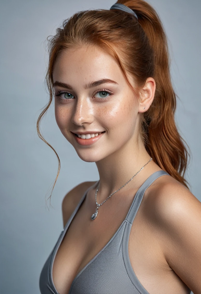 hyperrealistic beautiful busty 18-year-old teen girl with long legs wearing grey skinny swimsuit, model shooting full body photography, natural redhead with long ponytail, freckles, dark eye makeup with eyeliner, seductive smile, small necklace, 8K, Best quality, Meisterwerk, ultra high resolution, (Realismus: 1.4), Originalfoto, (realistische Hautstruktur: 1.3), (Filmkorn: 1.3), (Selfie-Winkel), 1 girl, Beautiful round hazel eyes and facial details, Meisterwerk, Best quality, studio photography
