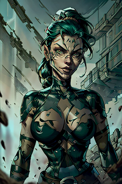 (X-Men evolution Rogue) (human face) (ponytail) (leather jacket) (corset) (military belts) (Warrior) (cocky smile) (tribal tattoos) (green and blue hair) (X-Men Rogue) (Star Trek Jadzia Dax) (2000 Ninja Turtles April) (Greek mythology Athena) (pirate woman) (Star Wars zabrak) (Star Trek trill) (pale skin) (face tattoos) (zabrac face tattoos) (goth) (bo-katan) (cleveg) (low cut top) (sexy) (Bra) Emma Rigby: Pirates of the Caribbean: Emilie de Ravin: Pirates of the Caribbean: corset: cleavage: teardrop boob: cocky smile;