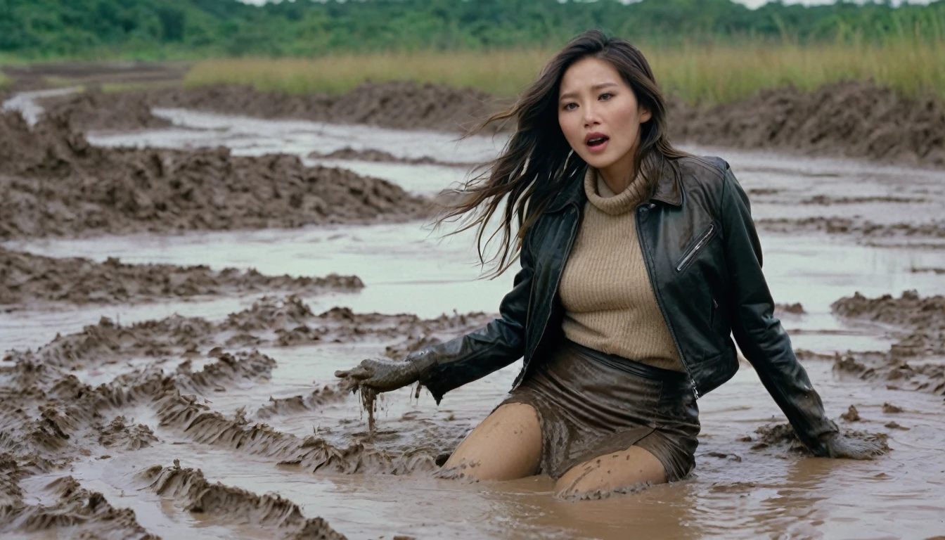 8k, ultra-detailed, grainy film photo, masterpiece, physical-based rendering, ultra-detailed, side view:1.0, vivid, muffled colors, muted light:1.2, dry-humping movements:1.4, stockings, stylish detailed pencil skirt, messy leather jacket, turtleneck sweater:1.2, depraved woman drowning in mud swamp, long messy brunette hair, asian, beige, brown, creating a wave of dirt 