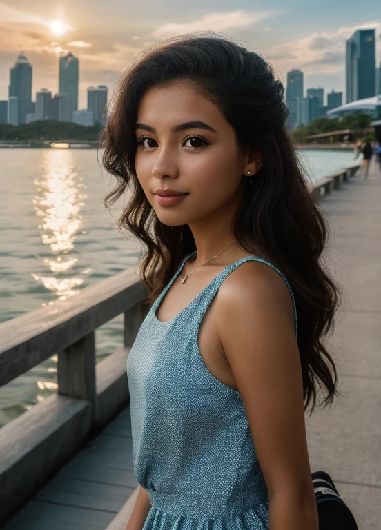 A photorealistic portrait of a 21-year-old colombian girl with long, visiting singapor and the rest of the world . She should have a natural, approachable expression and be illuminated by soft, golden-hour sunlight. The background should be a scenic outdoor setting, perhaps a sunlit park or beach. Capture this image with a high-resolution photograph using an 85mm lens for a flattering perspective.