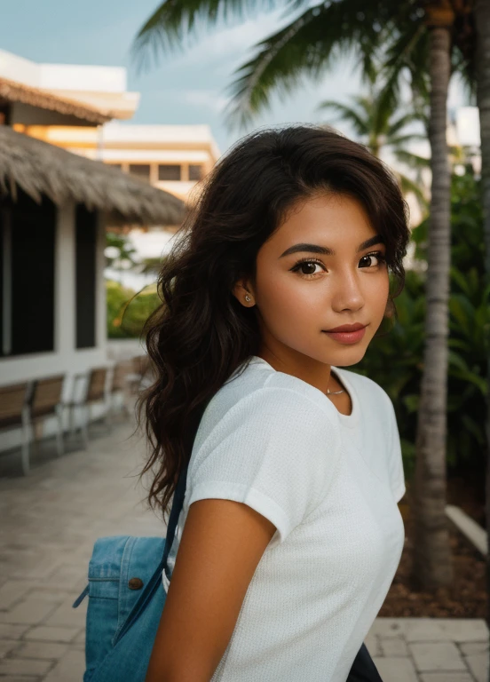 A photorealistic portrait of a 21-year-old colombian girl with long, visiting singapor and the rest of the world . She should have a natural, approachable expression and be illuminated by soft, golden-hour sunlight. The background should be a scenic outdoor setting, perhaps a sunlit park or beach. Capture this image with a high-resolution photograph using an 85mm lens for a flattering perspective.