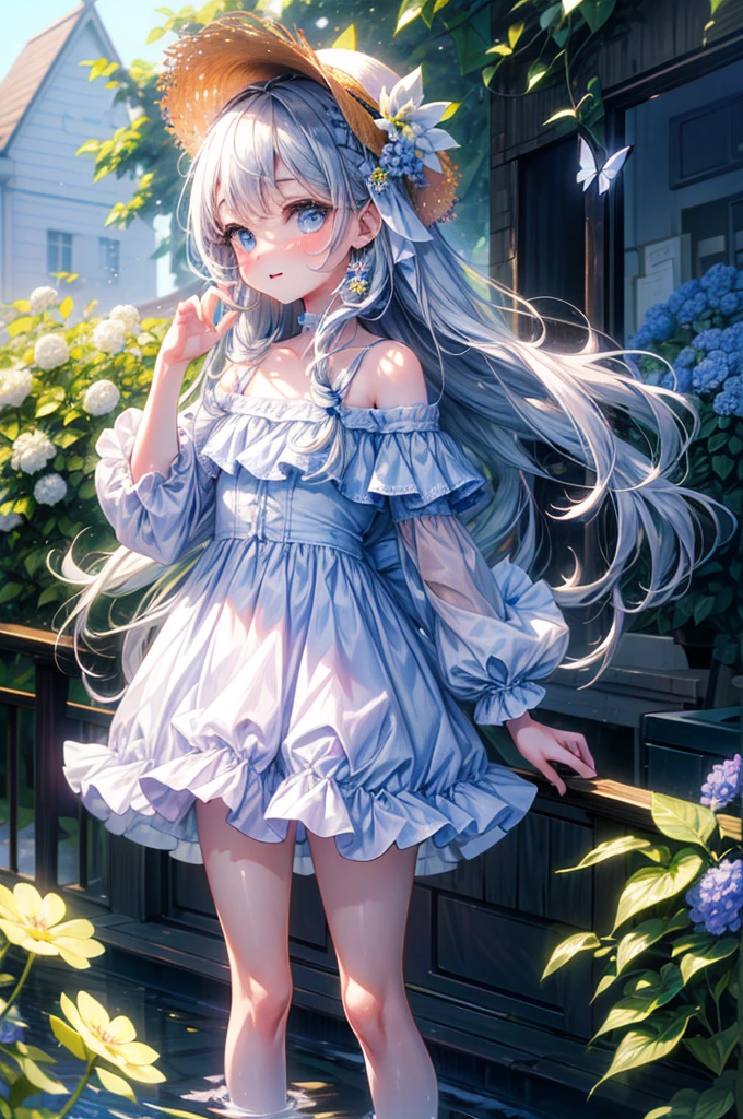 ((masterpiece, best quality, extremely detailed, absurdres)),, masterpiece, best quality, extremely detailed, (((light blue long hair))), long hair cute anime faces,detailed light,parted lips,shiny、beautiful detailed face,,longhair、(((( light blue long hair)))),,, , 1girl, solo, flat chest, blush, bangs, , flat chest,32k, best quality, ultra high res, HDR, UHD, extremely detailed CG, (masterpiece), (highest quality), One Girl,Small dolls outdoors,Full body portrait,Laughing happily,mini cute toddler、Cutewimsuits,Straw hat、Photographed from the front、Strong bokeh、Flower beds in the park,hydrangea, (highest quality), (masterpiece), (Super detailed), (High resolution), Production Art, One girl, flower, dress, blue eyes, alone, bug, Long Hair, butterfly, yellow flower, white dress, off-shoulder dress, hair ornaments, blush, hair flower, Braiding, Exposing shoulders, View your viewers, handrail, smile, bangs, Off the shoulder, plant, Mouth closed, purple flower, clavicle, bird, animal, Hair between the eyes, very Long Hair, blue flower, frilled dress, Wavy Hair, red flower, Outdoor, Frills、(((frog))),(((mini frog))),(((littele frog)))