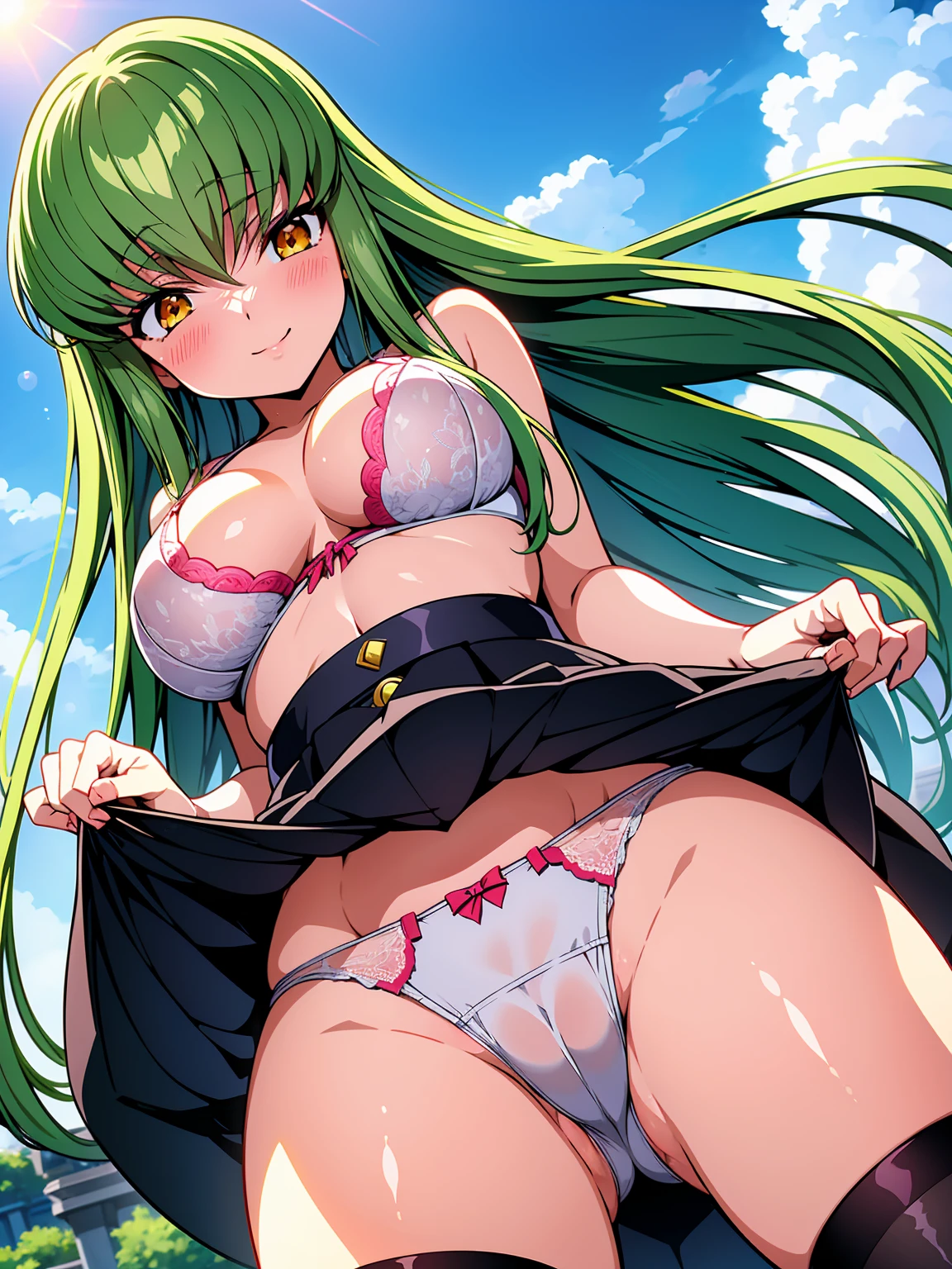 c.c.、code Geass、Under the skirt、Under the skirt、Under the skirt、Green Hair、Voluptuous body、Plump thighs、Best image quality、Captivating smile、High resolution、masterpiece、super high quality、Spread your legs 、bra、panties、とてもBig Ass、Blushing、4K quality、Big Ass、Zoom in on the lower body、Wearing black knee socks、Pubic hair growth、Shooting from below、Blushed、Big Breasts、Embarrassed face