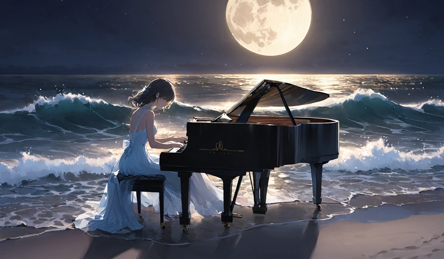 Woman playing piano on the beach at night、moonlight、Crescent Moon、Wave、dress、water splash,