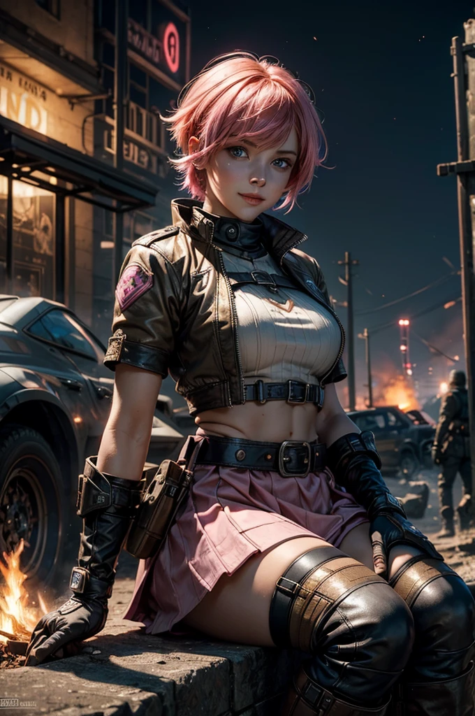 1girl,cowboy shot, beautiful nora_valkyrie, looking at viewer, smile, short hair, blue eyes, heart cutout, gloves, jacket, pink skirt, pink belt, short sleeves, puffy sleeves, single armband, fingerless gloves, short hair, orange hair, pink gloves, dynamic pose, night, lightning, sitting on river edge, river, post-apocalypse, dystopian future, crowd, (crowd in military uniforms), bonfires, (volumetric lighting), best quality, masterpiece, intricate details, tonemapping, sharp focus, hyper detailed, trending on Artstation,