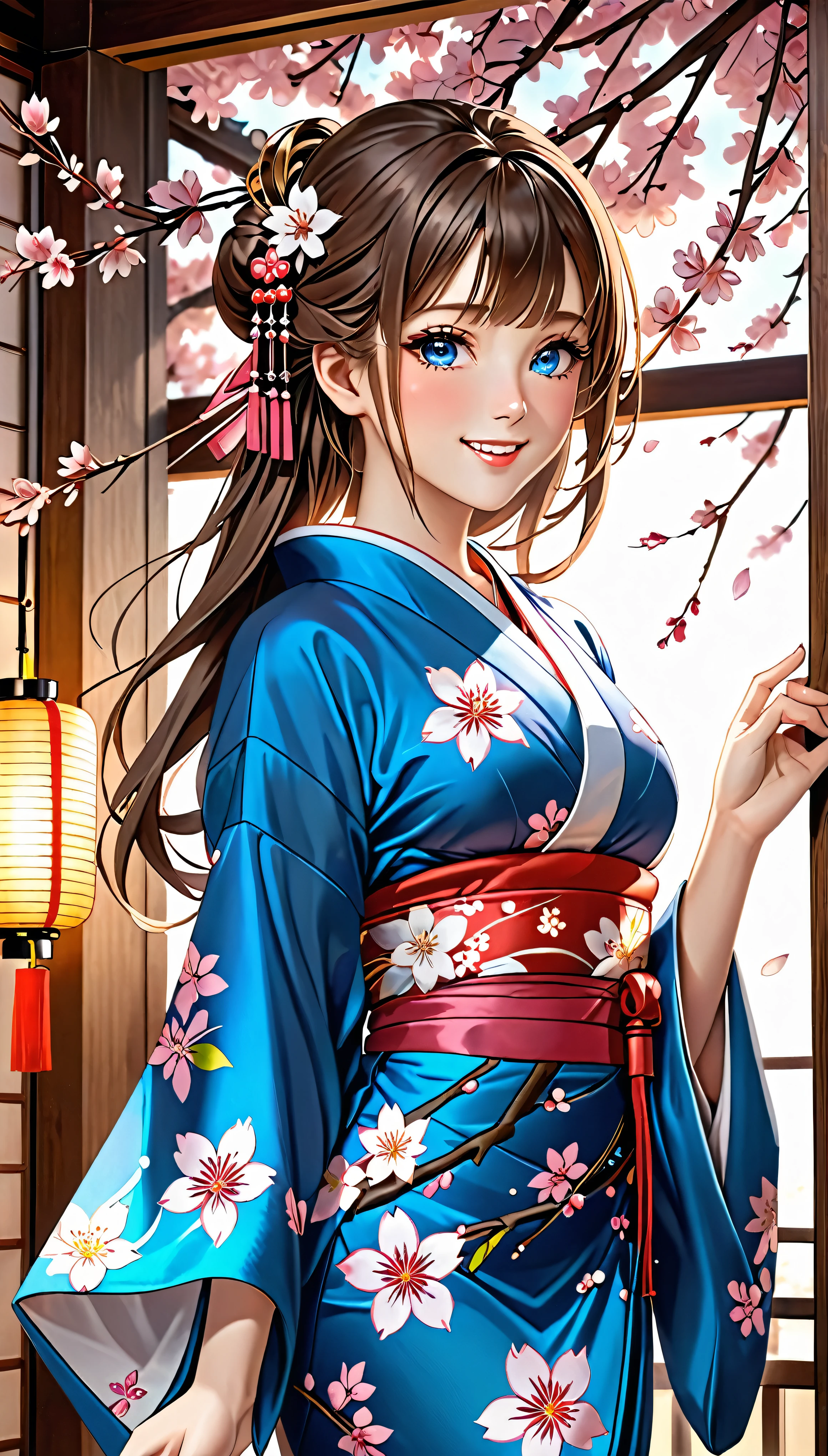 masterpiece、Top quality、16K UHD、 A Japanese-style room decorated with cherry blossoms and lanterns、one person、Enchanting、Provocative Gaze、Blushing、Open Mouth Smile、Flowing kimono、Brown hair cascading down her back、Blue eyes sparkling with admiration、Her long hair flows gently behind her、Detailed facial features、Photorealistic images、((Very detailed))、(Fully detailed face)、 (Very detailedな手)、High school girl in a sexy kimono